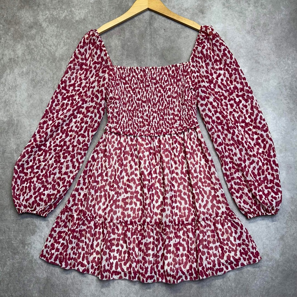 Wilfred Aritzia Pink Abstract Smocked Mini Dress Long Balloon Sleeve XS Babydoll